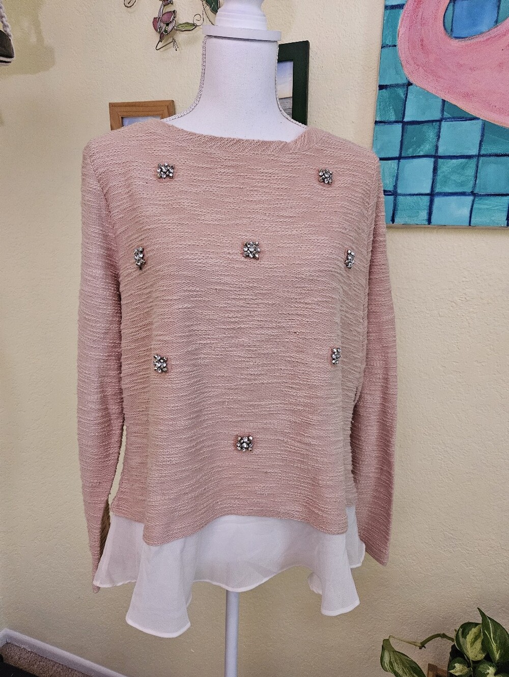 Maison Jules Embellished Blush Layered-Hem Sweater Top Sz XXL